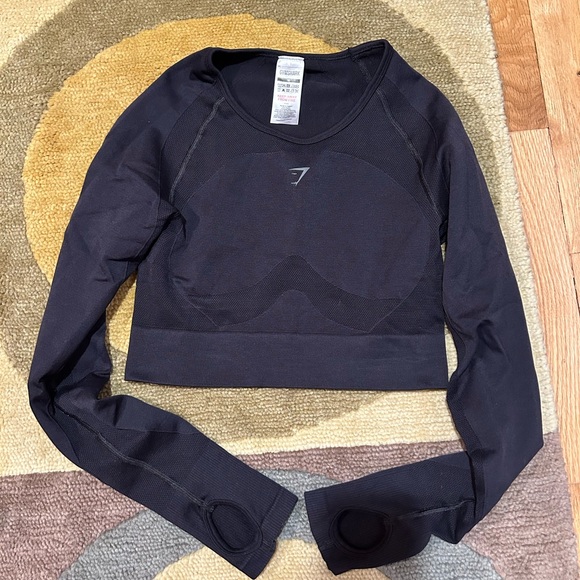 Gymshark Flex Long Sleeve Crop Top Black Back Cutout Logo Size Medium - Picture 1 of 4